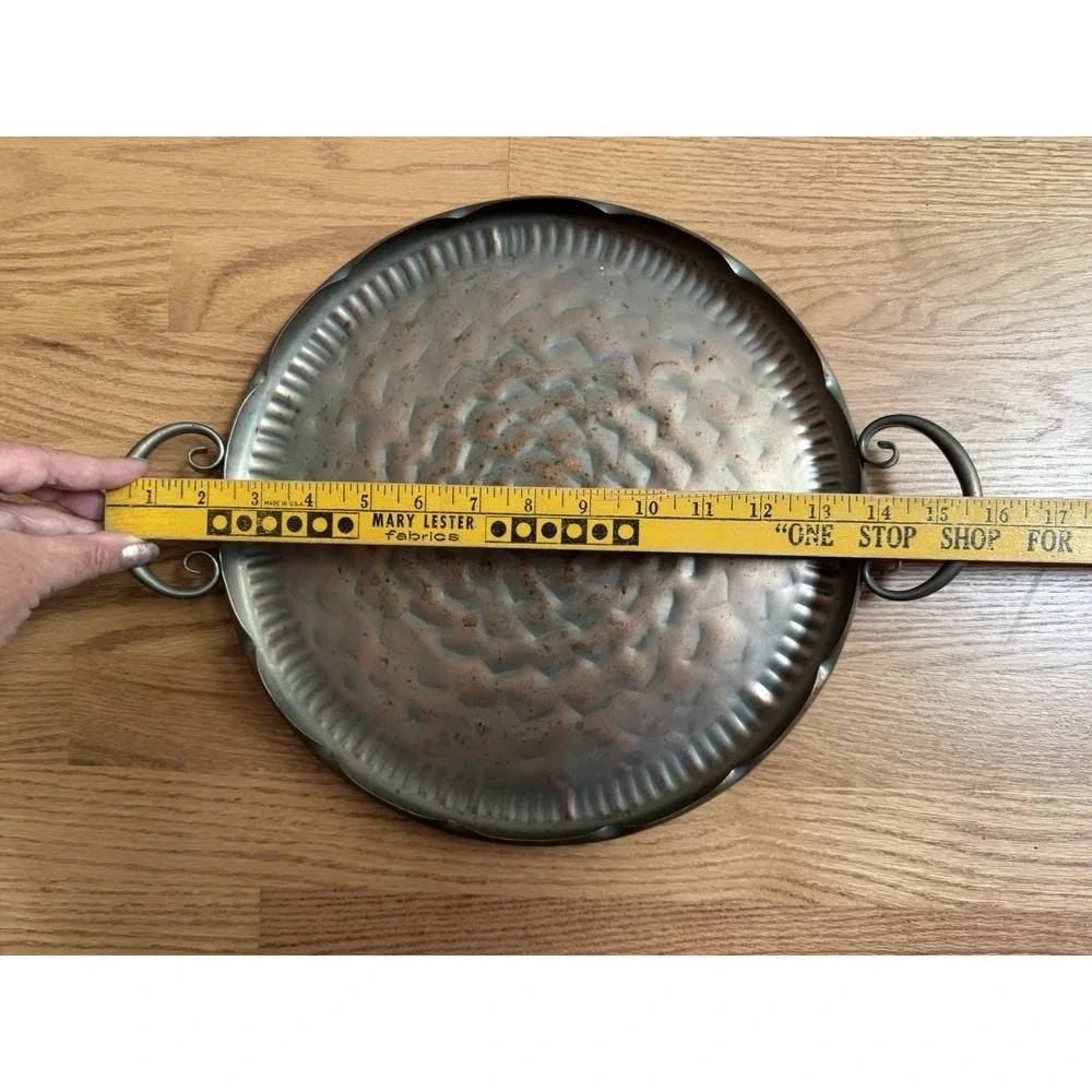 Vintage Gregorian Copper Hammered Rose Tray Scroll Handles Mid Century USA